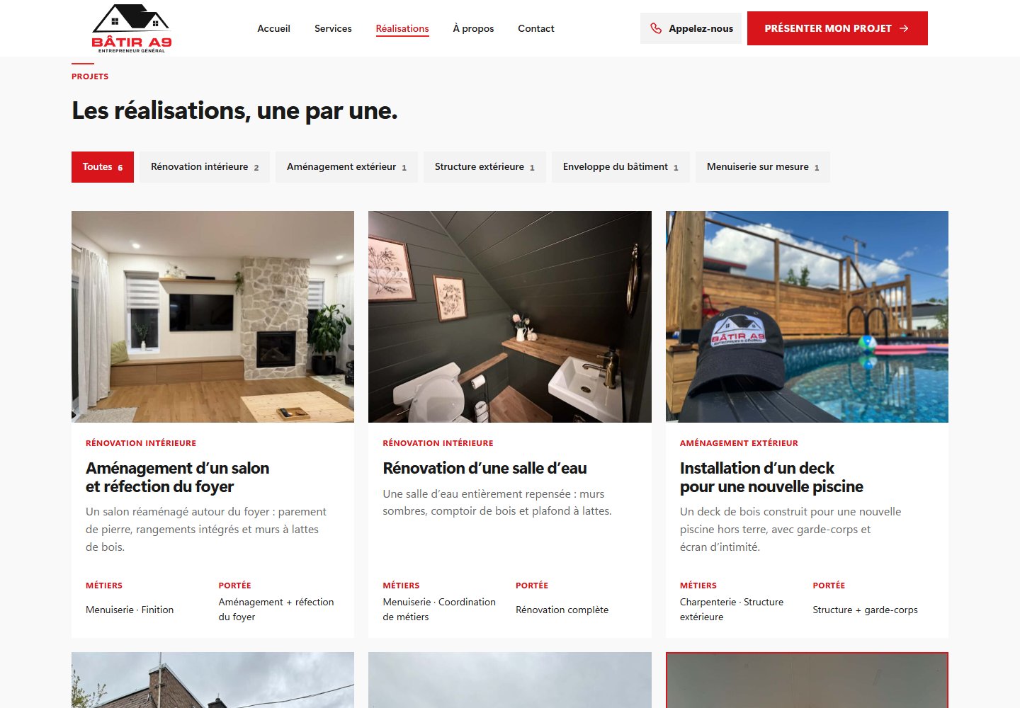 Bâtir A9 projects page showing a living room, bathroom, and pool deck