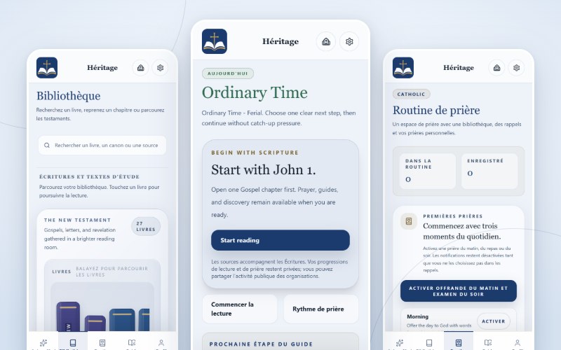 Three screens of the BibleVerse Héritage interface: Library, Today and Prayer Routine
