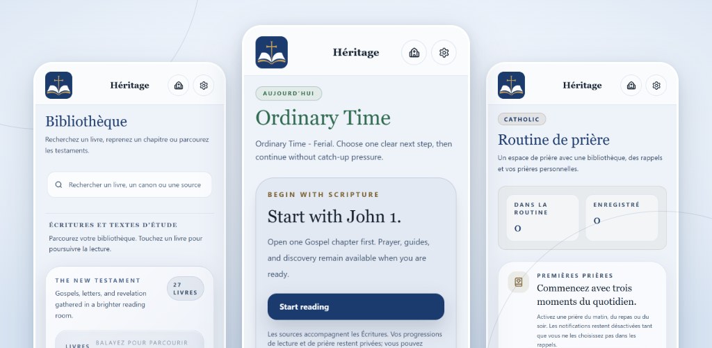 Three screens of the BibleVerse Héritage interface: Library, Today and Prayer Routine