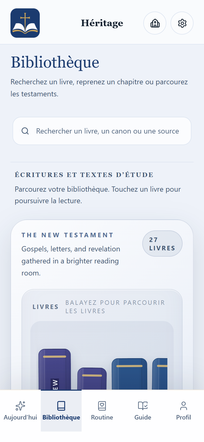 Library screen of the BibleVerse app, branded Héritage