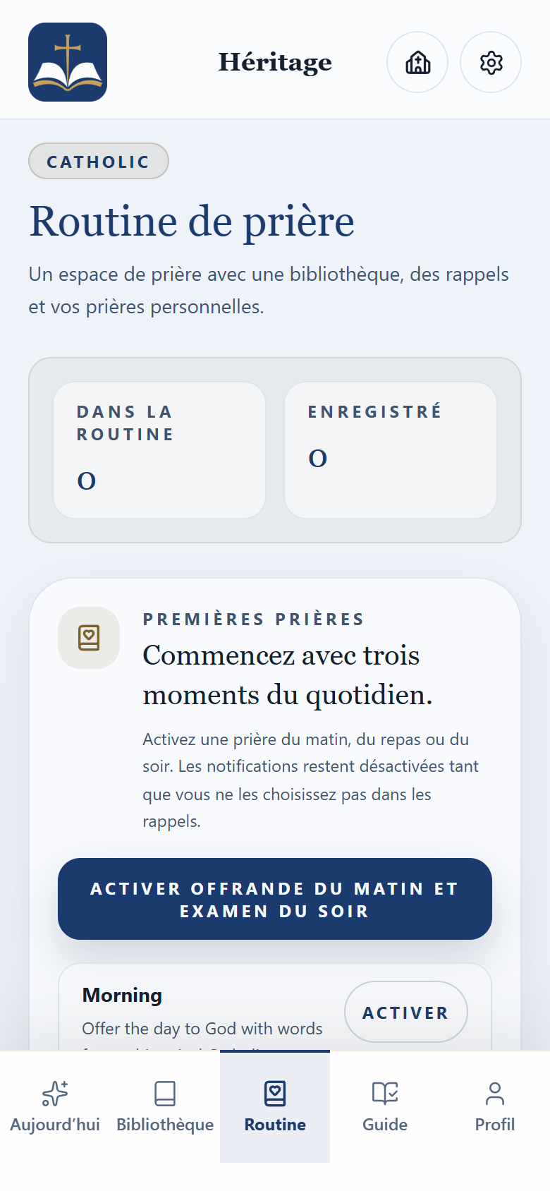 Prayer Routine screen of the BibleVerse app, branded Héritage