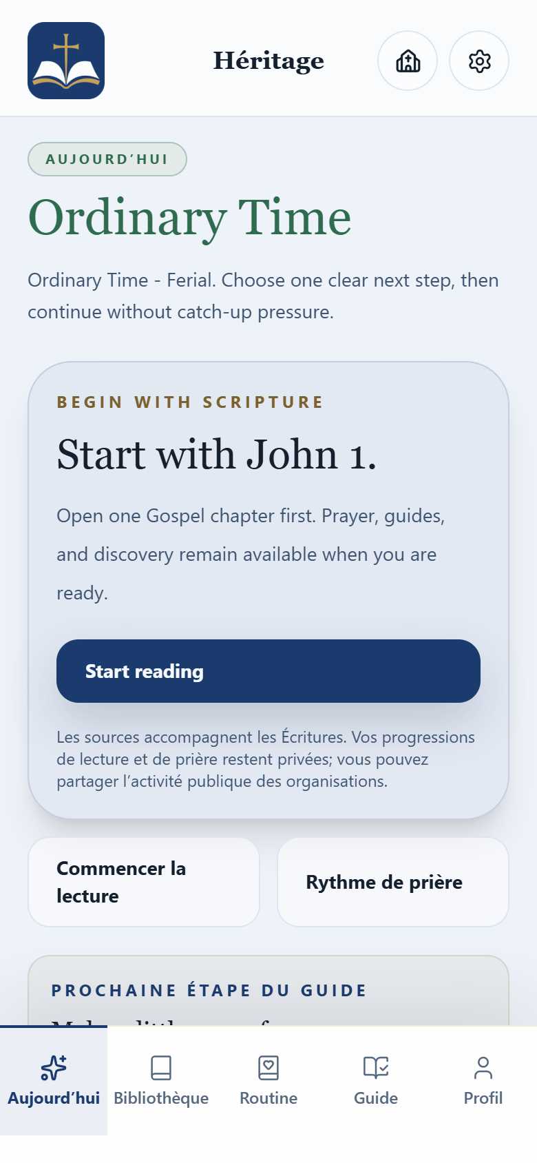 Today screen of the BibleVerse app, branded Héritage