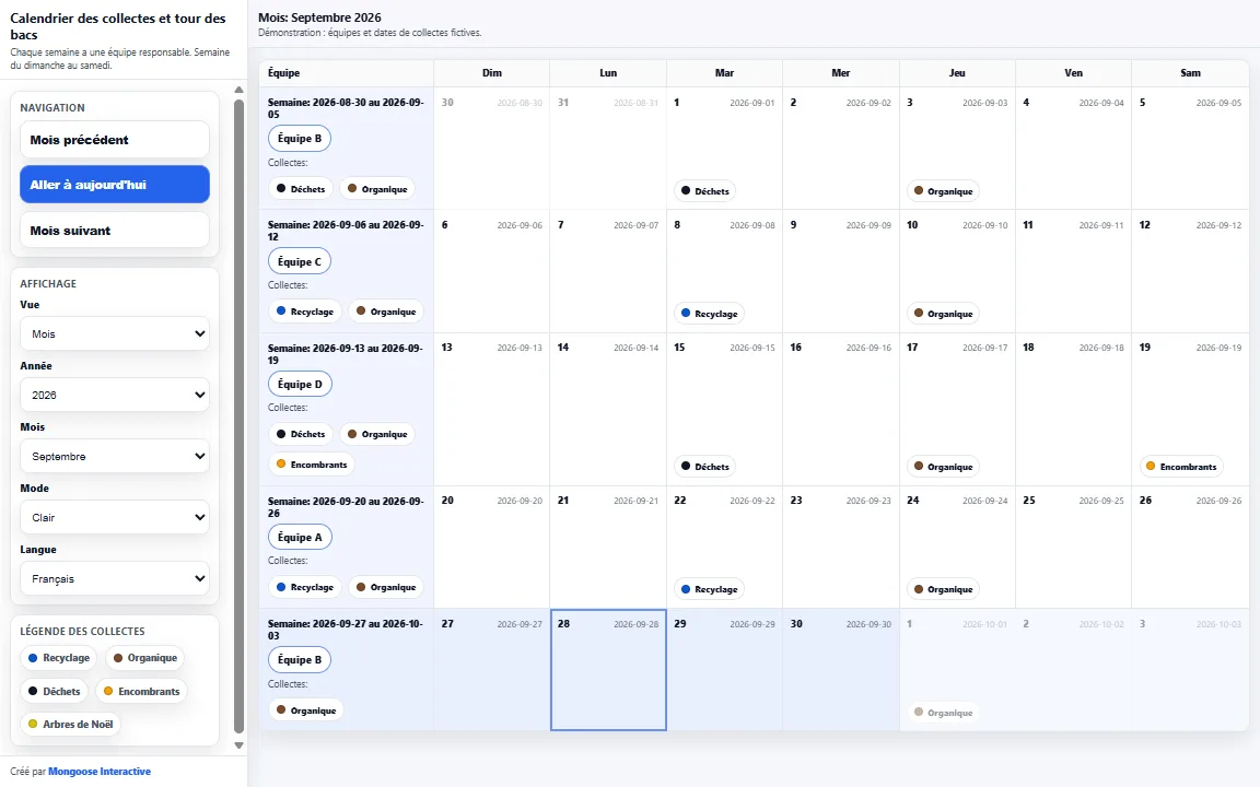 Demo monthly calendar for condo collections and weekly bin duty