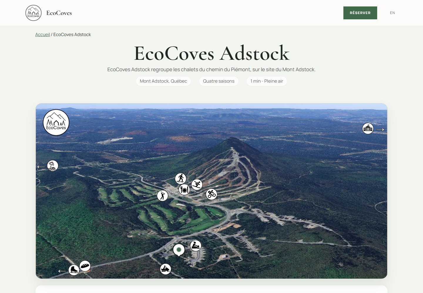Page EcoCoves Adstock avec vue aérienne du mont Adstock