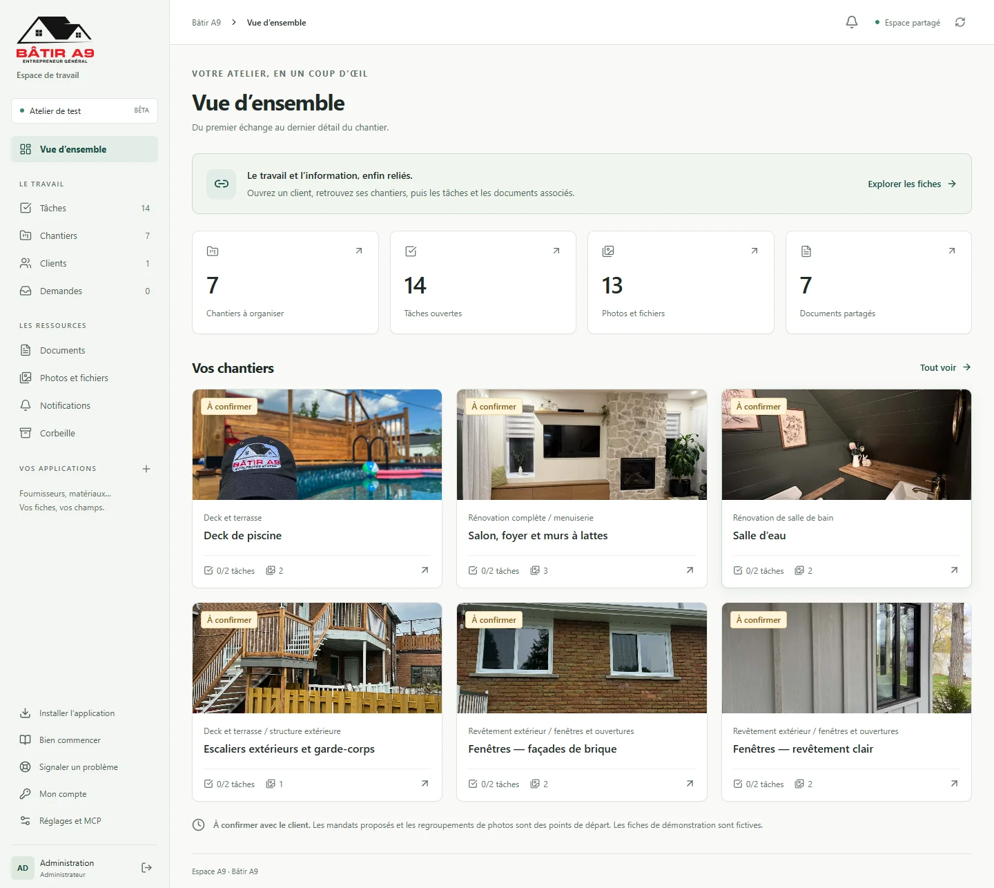 Espace A9 demonstration dashboard with fictional jobs