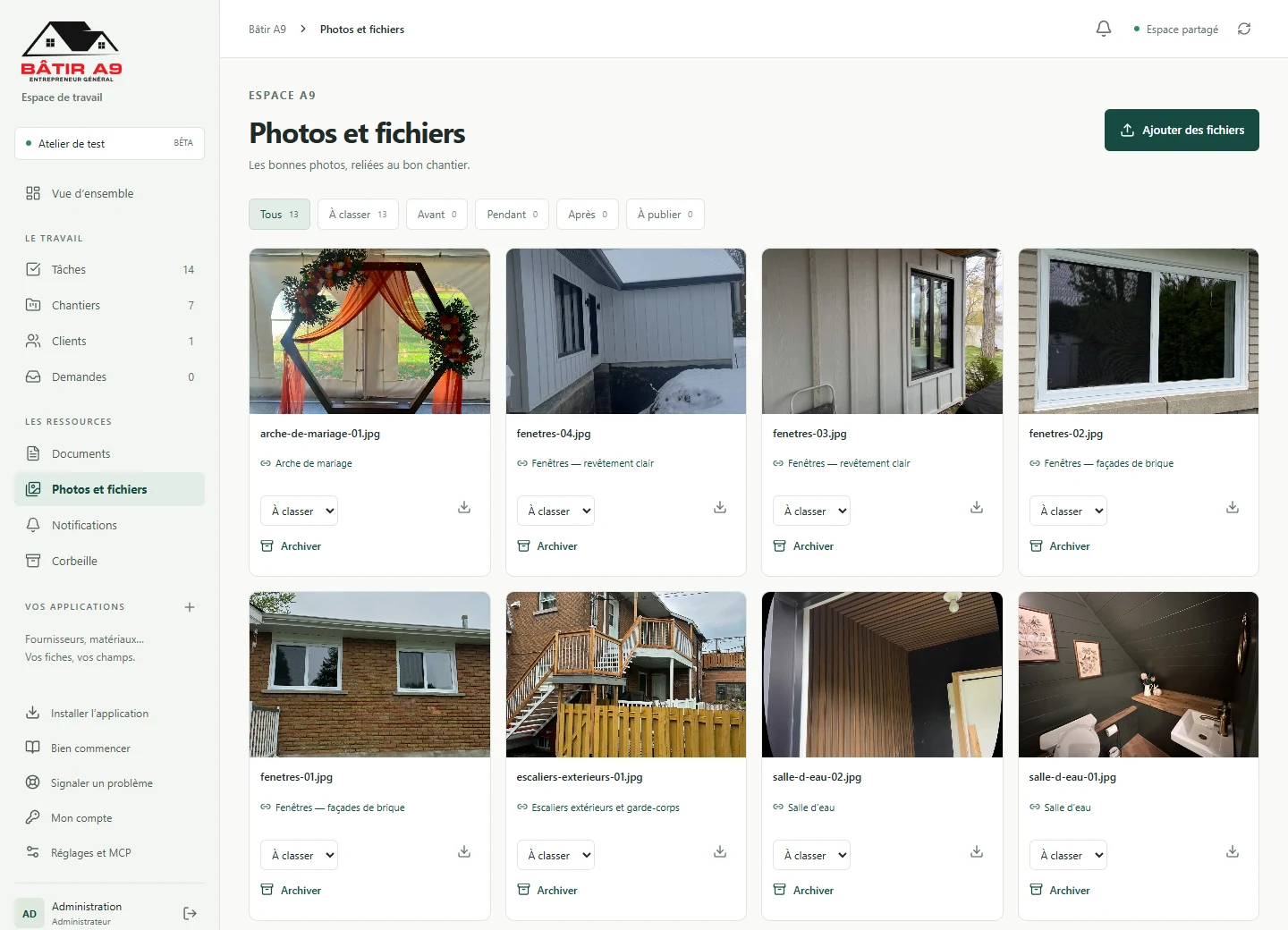 Espace A9 demo media library with full-height navigation and files grouped by sample job