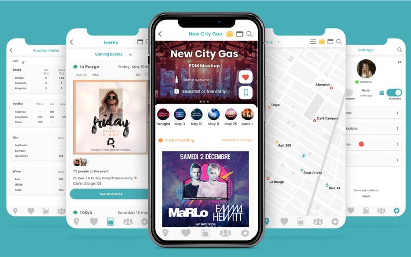 Fiestum app mockups showing multiple screens