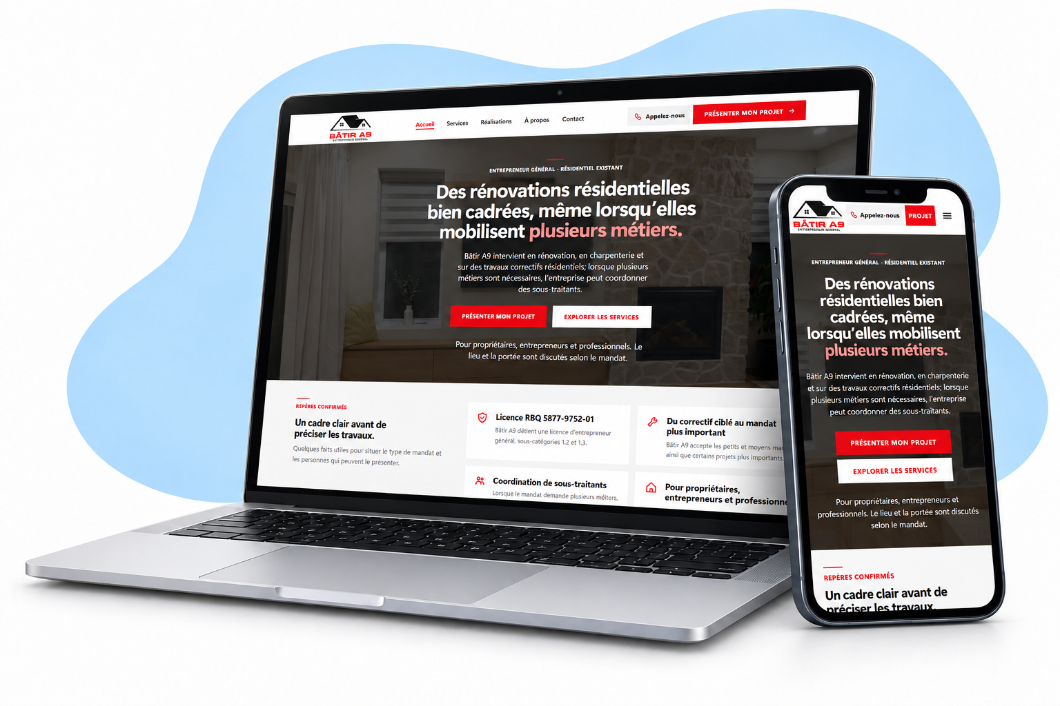 The Bâtir A9 website displayed on a laptop and phone