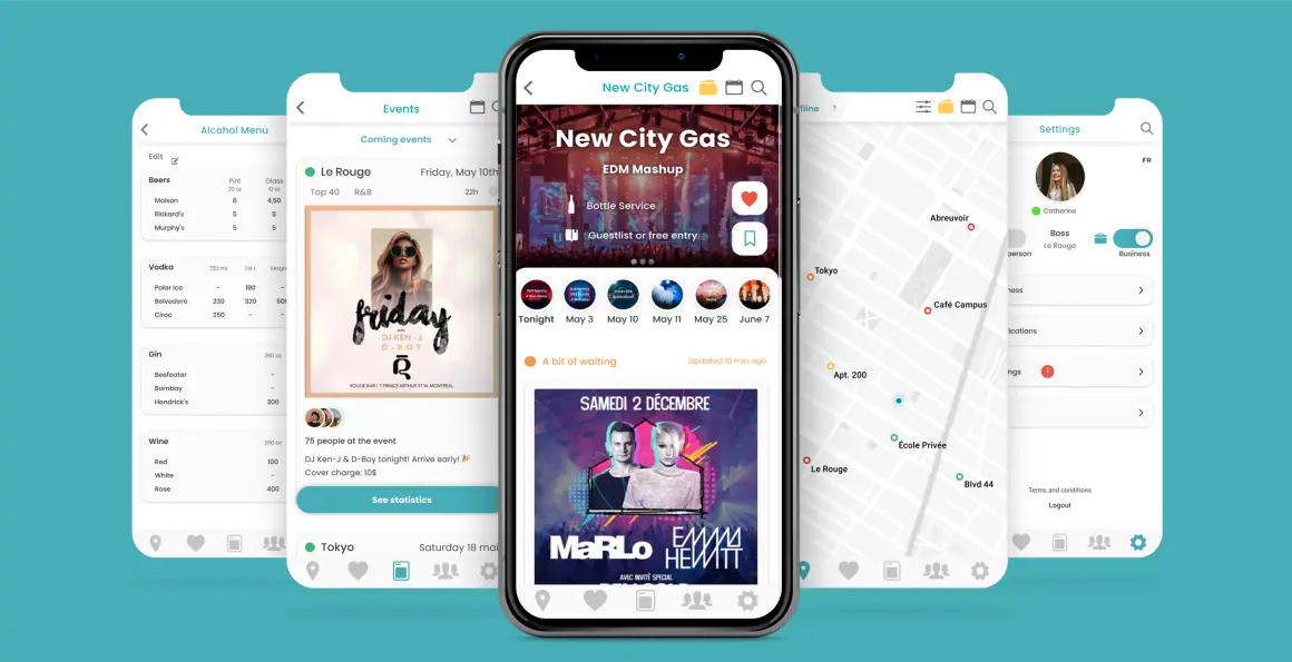 Fiestum mockups showing events, map, and menu