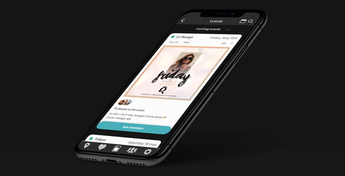 Angled Fiestum phone mockup showing an event list