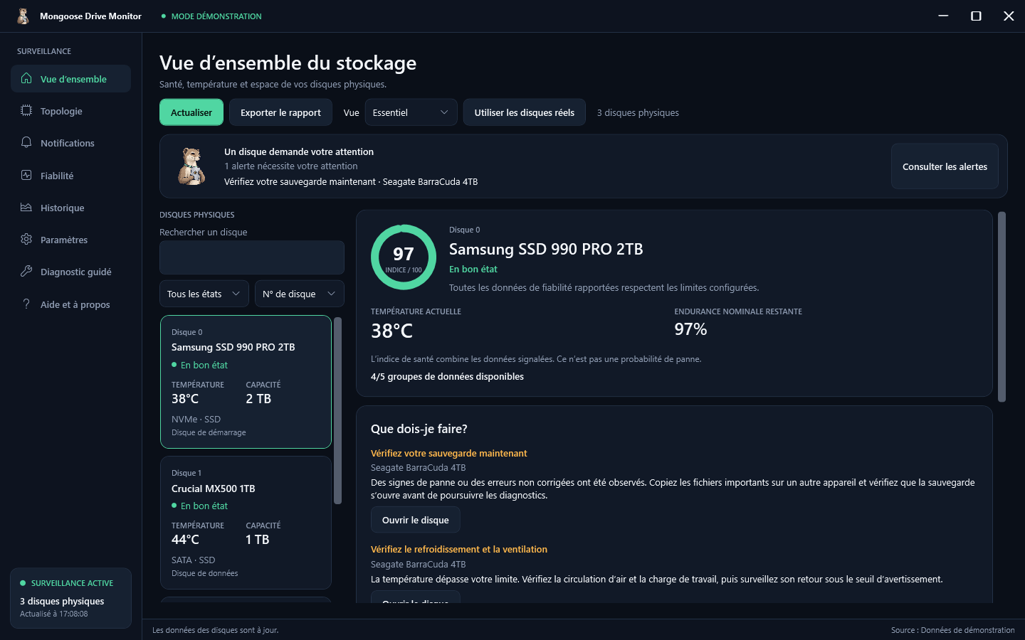 Health, temperature and priority advice in the overview. French interface with demonstration data.