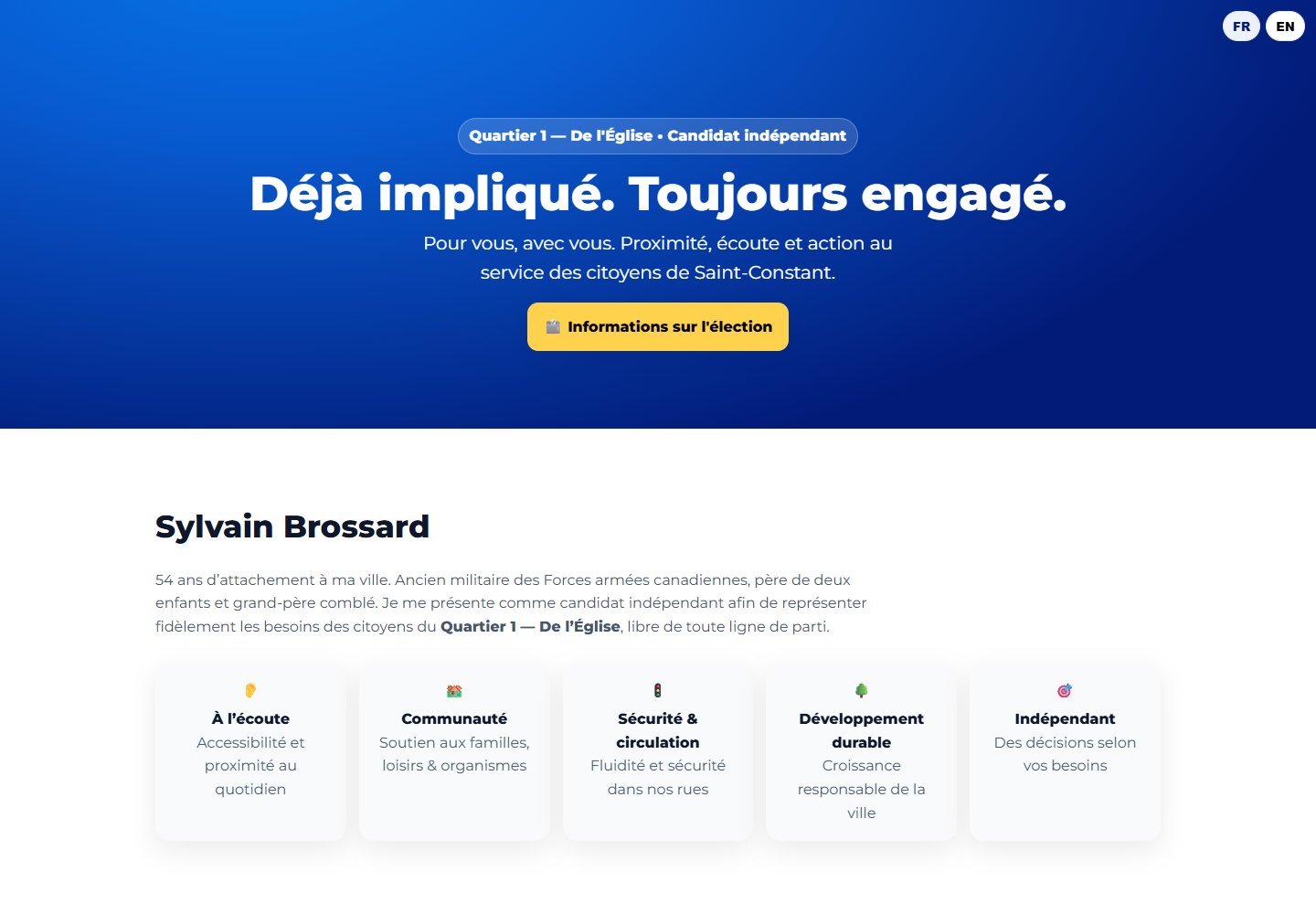 Page publique de Sylvain Brossard présentant cinq engagements de campagne