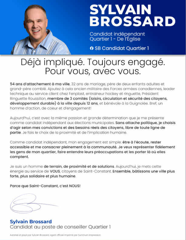 Sylvain Brossard portrait and name at the top of his campaign site