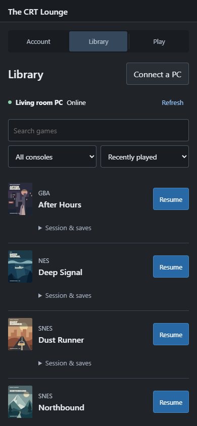 The CRT Lounge game library on mobile